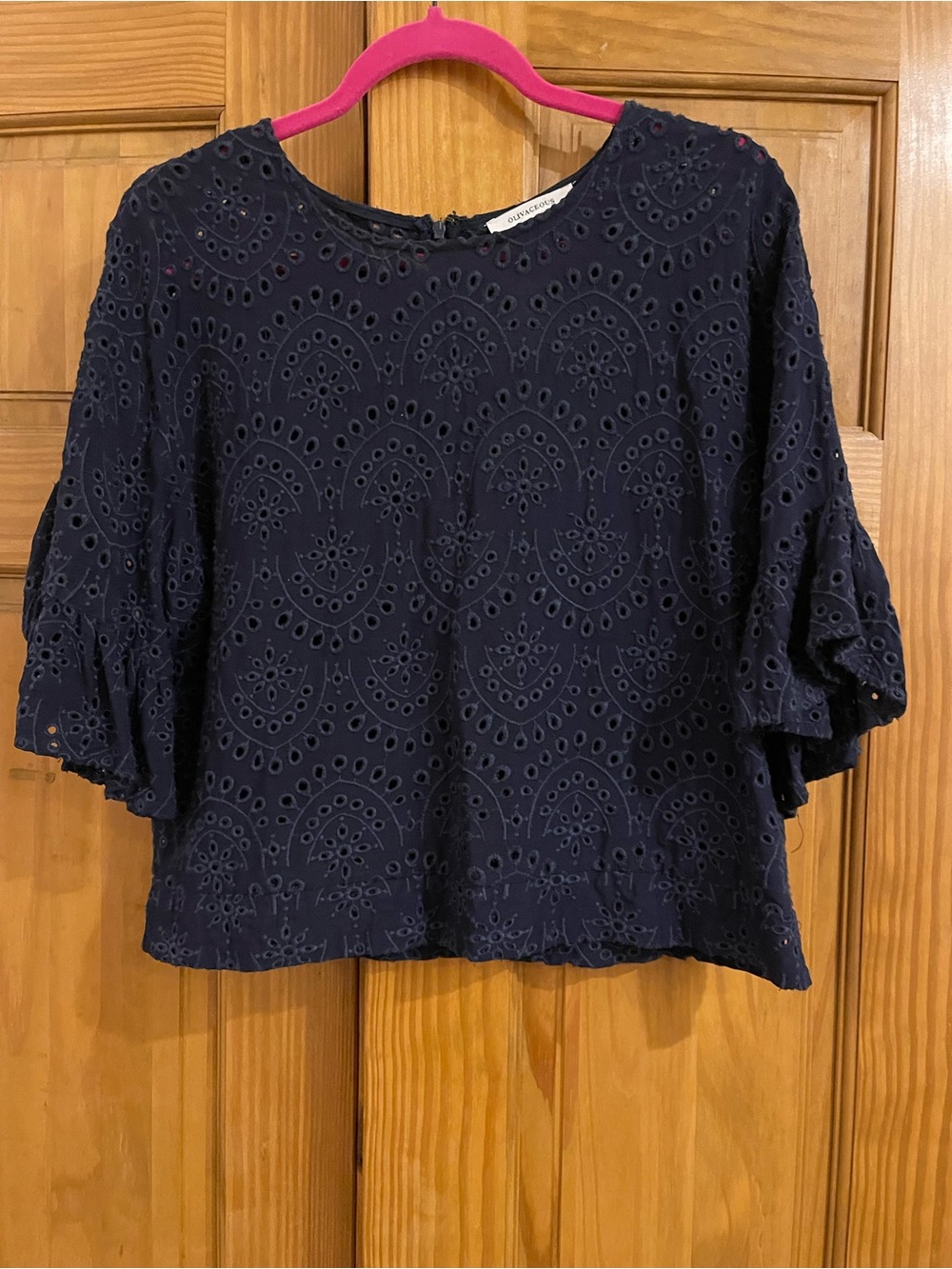 Olivaceous Navy Eyelet Cotton Ruffle Sleeve Top
